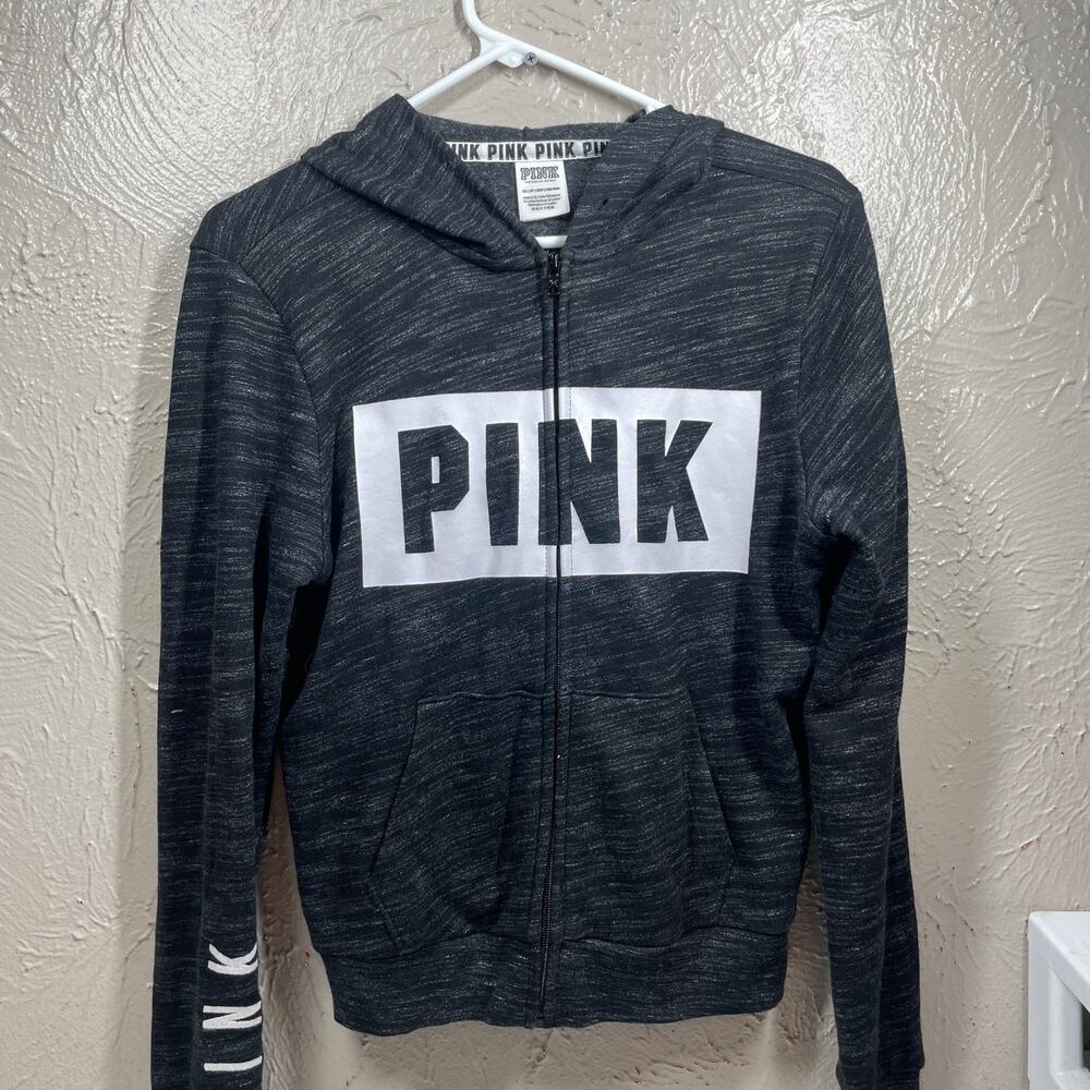 PINK Victoria's Secret Womens Gray Full Zip Knit Logo Print Pockets Hoodie Sz XS